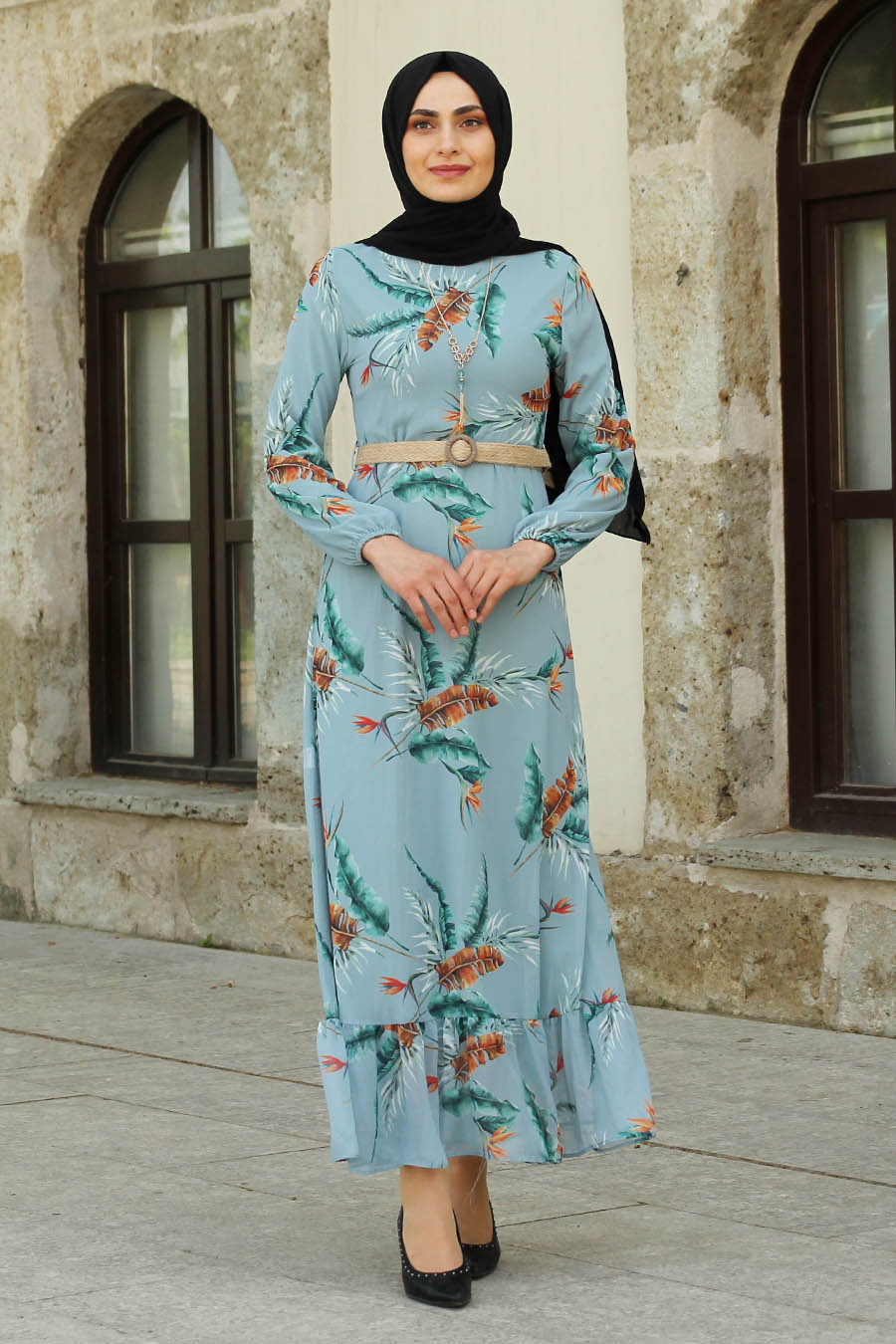 FLOWER PATTERNED INDIGO COLOR DRESS 