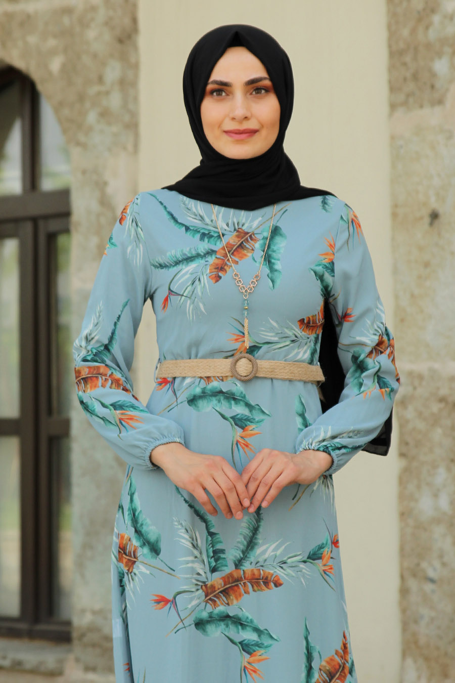 FLOWER PATTERNED INDIGO COLOR DRESS 