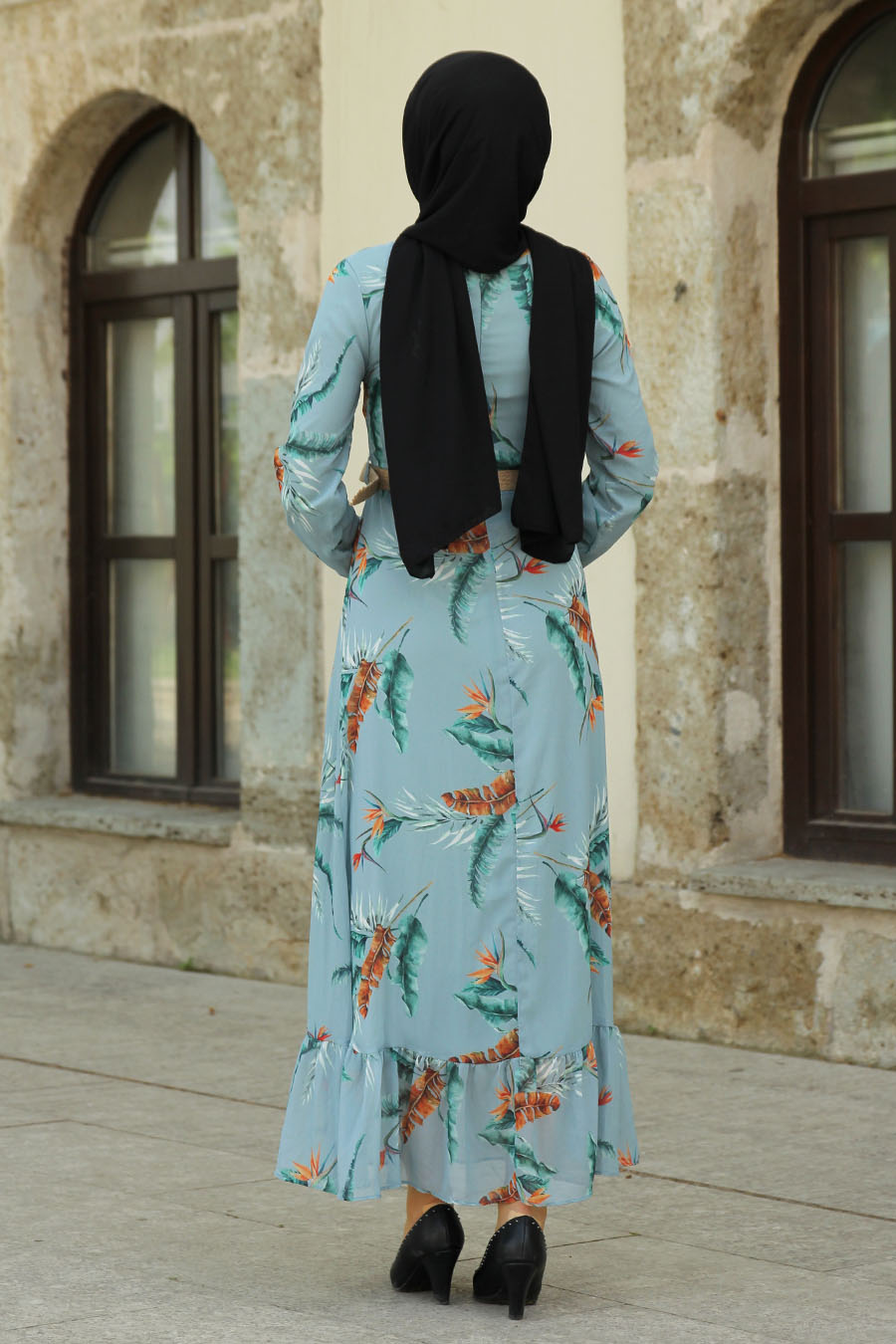 FLOWER PATTERNED INDIGO COLOR DRESS 