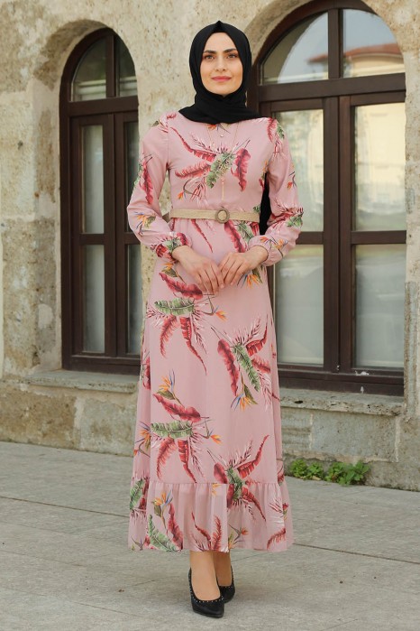 FLOWER PATTERNED POWDER PINK DRESS