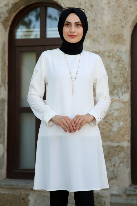 PEARL DETAILED ECRU TUNIC 