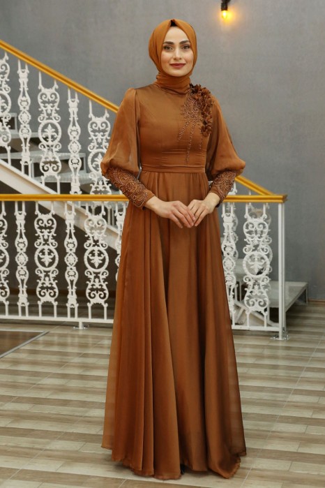 STONE DETAILED TAN COLOR EVENING DRESS  