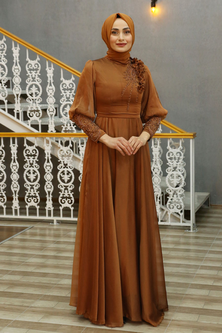 STONE DETAILED TAN COLOR EVENING DRESS  