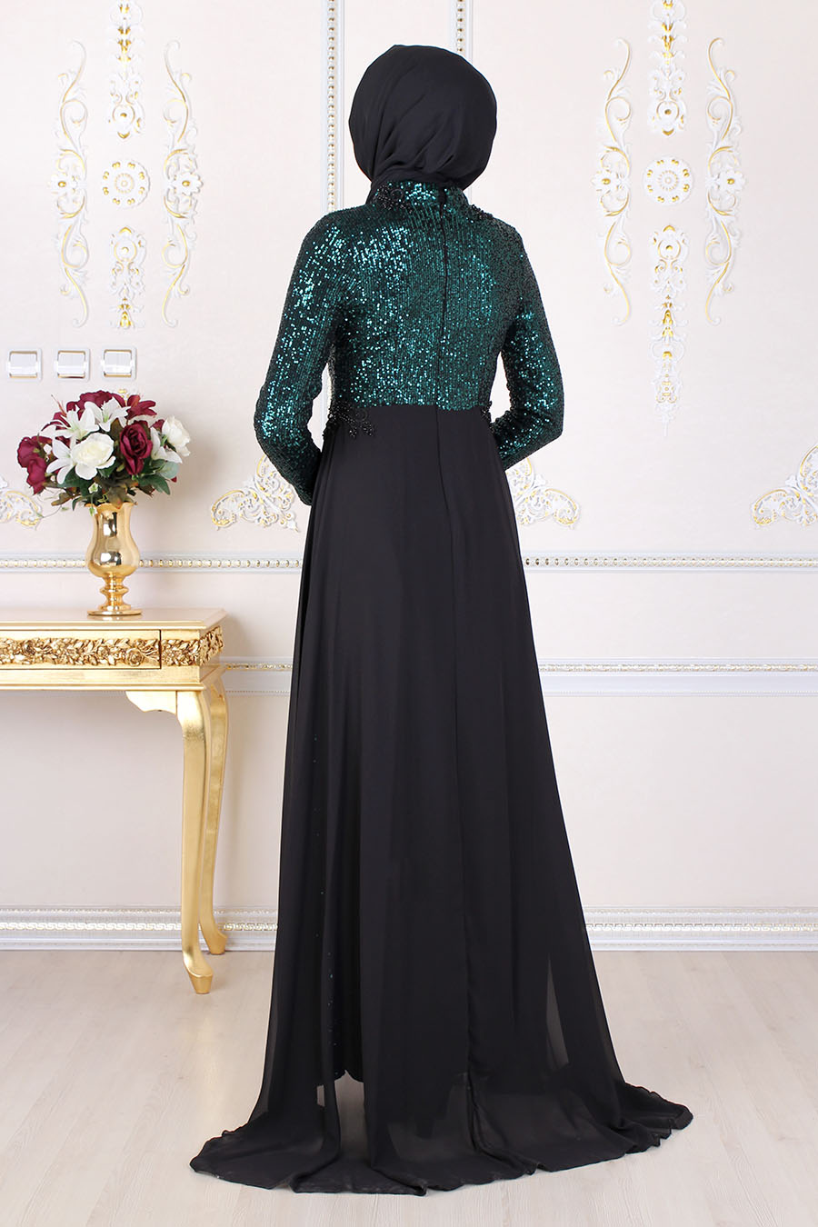 SEQUIN DETAILED GREEN EVENING DRESS