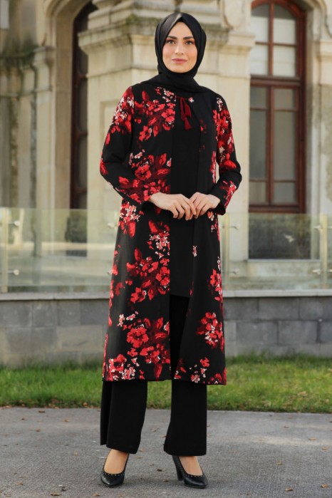 FLOWER PATTERNED BLACK COAT-BLOUSE AND PANT SUIT 