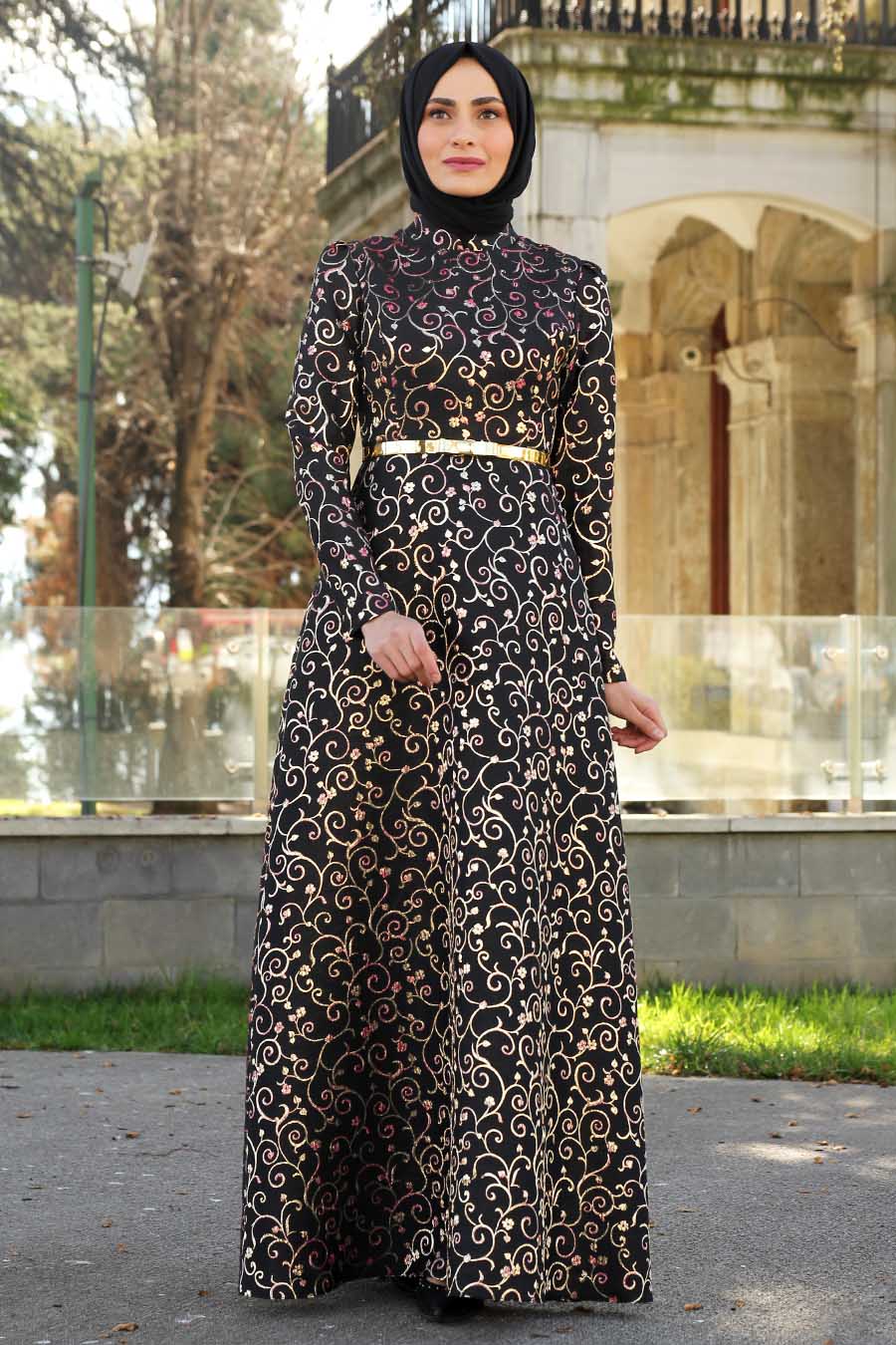 PATTERNED BLACK EVENING DRESS