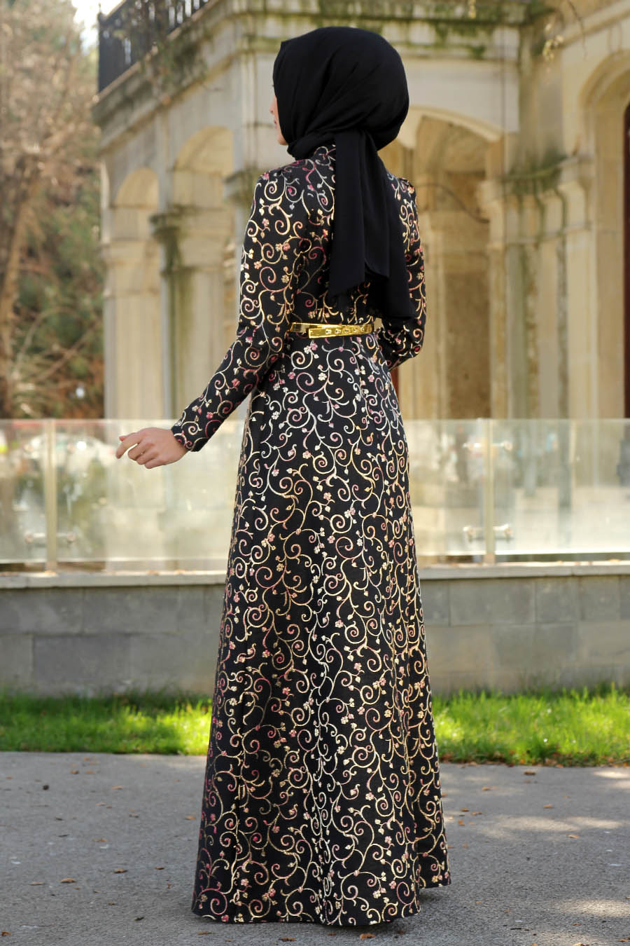PATTERNED BLACK EVENING DRESS