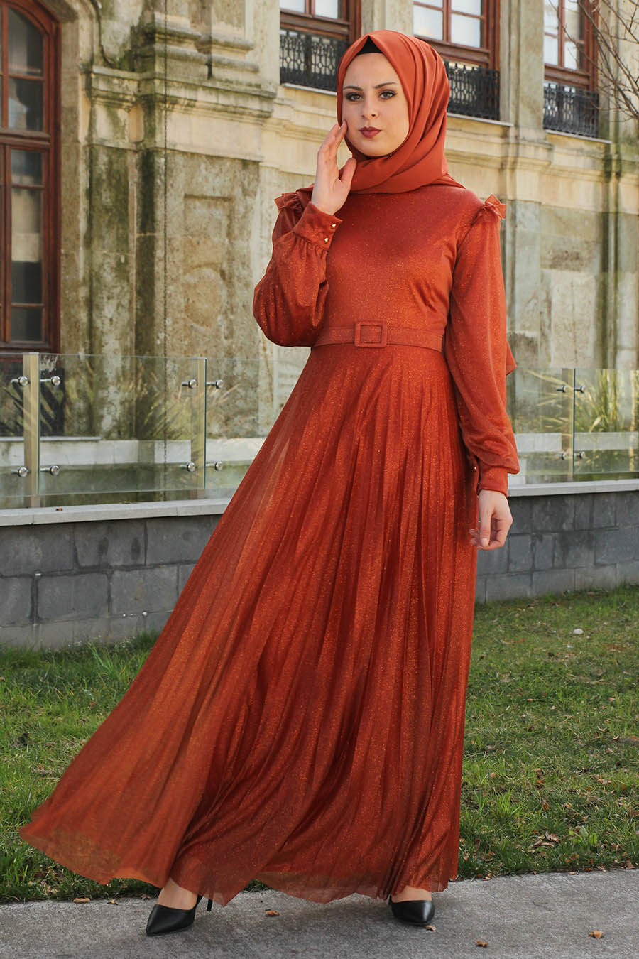 SILVERY BRICK COLOR EVENING DRESS