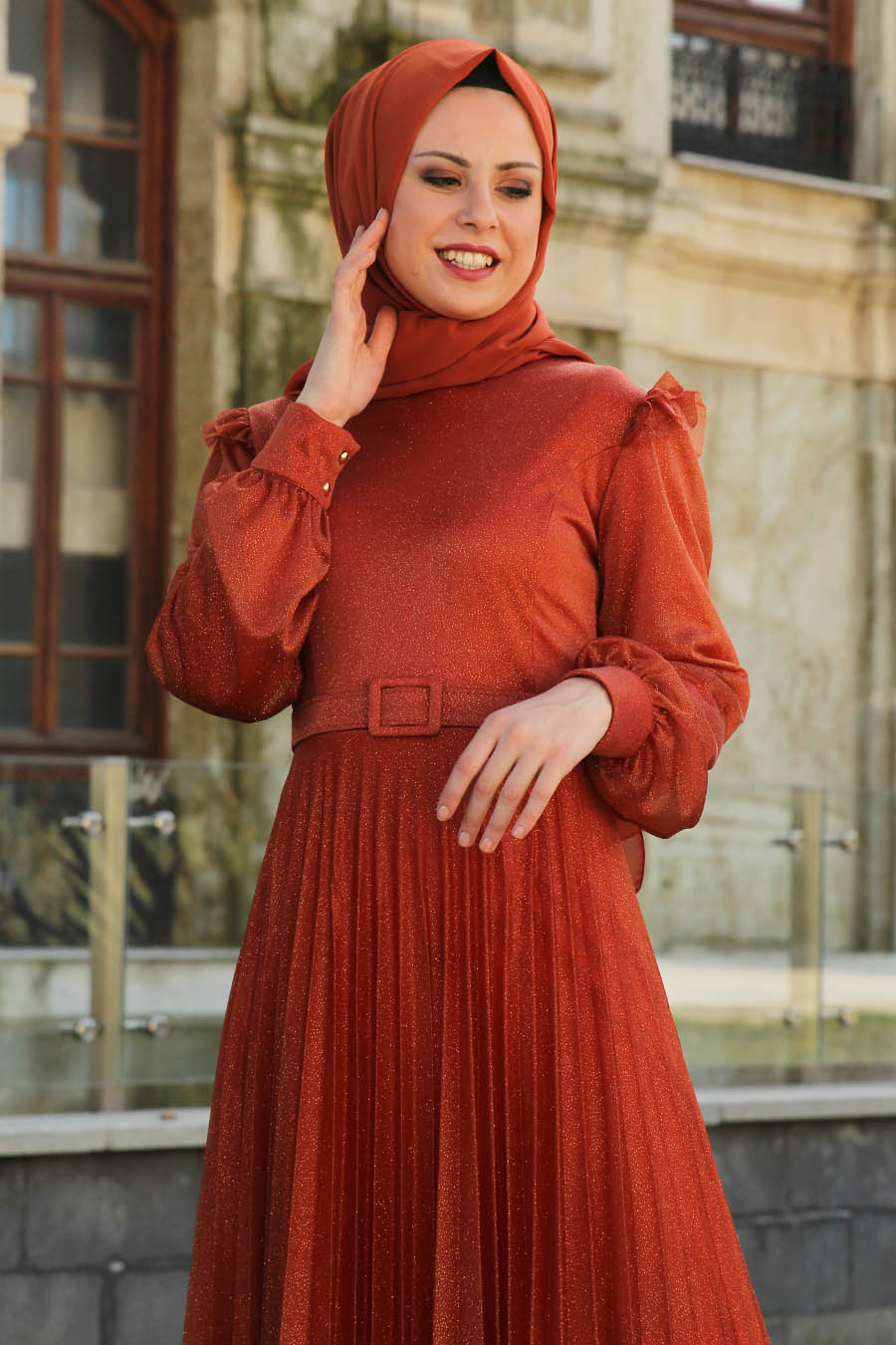 SILVERY BRICK COLOR EVENING DRESS