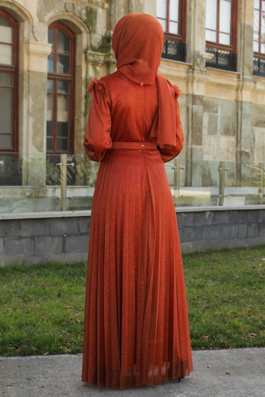 SILVERY BRICK COLOR EVENING DRESS