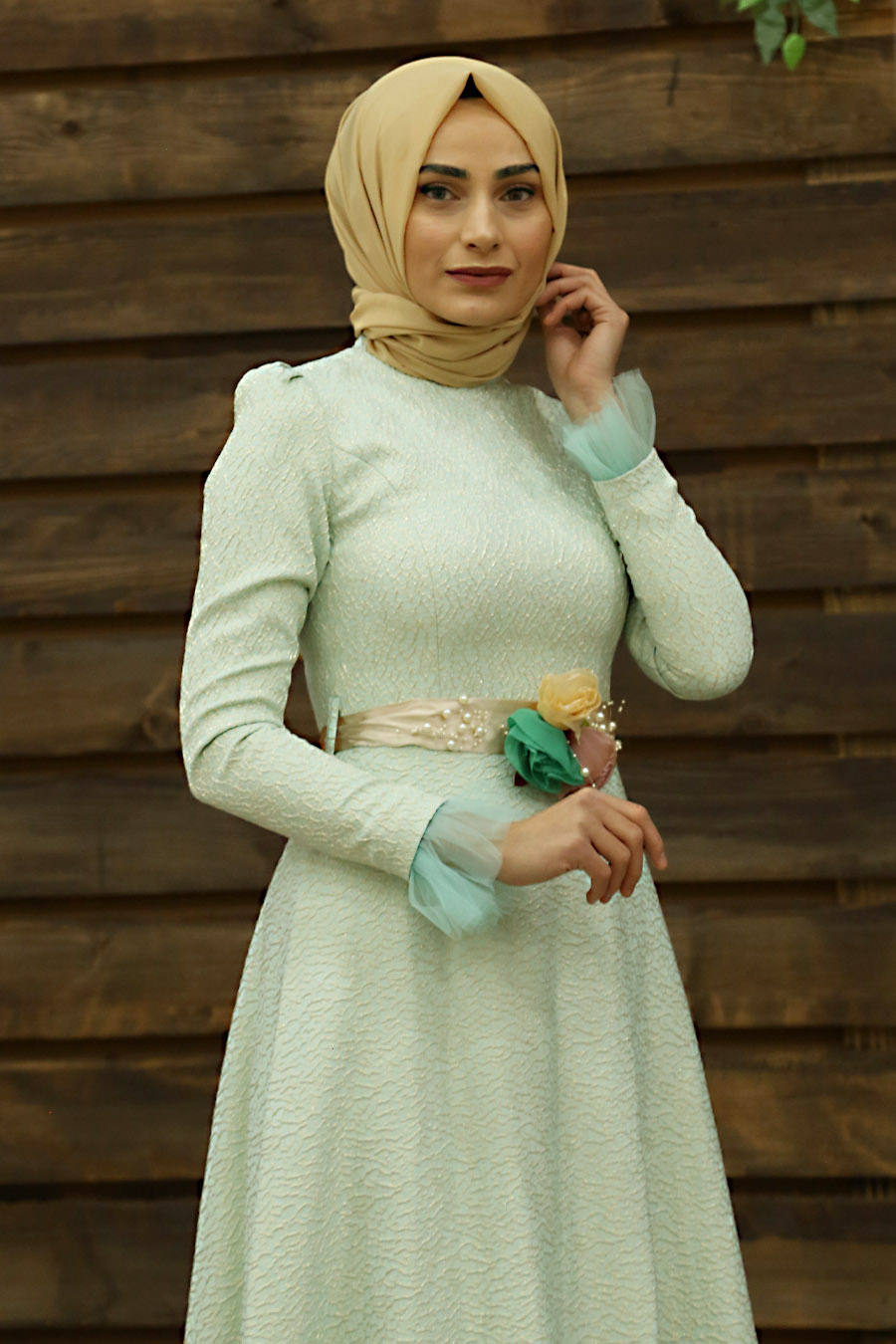 mint green and brown dress