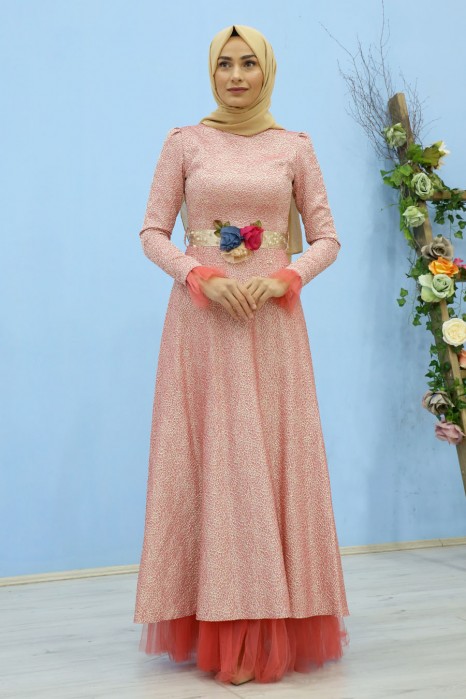 CORAL COLOR EVENING DRESS 