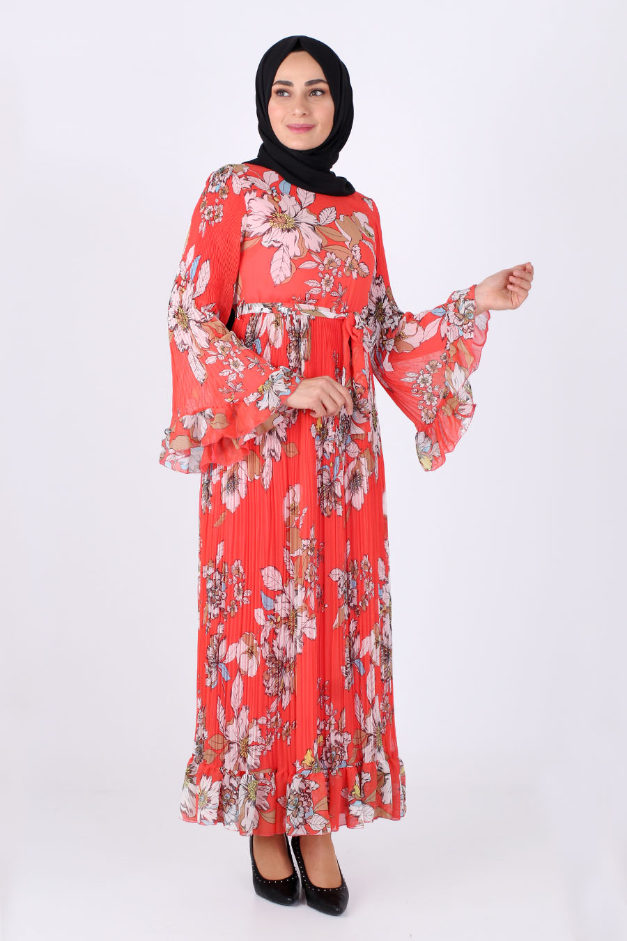 FLOWER PATTERNED CORAL COLOR DRESS