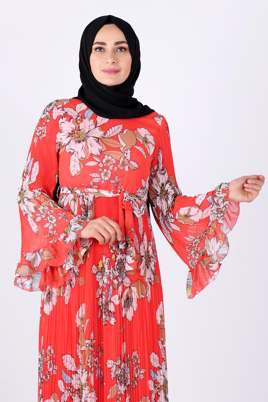 FLOWER PATTERNED CORAL COLOR DRESS