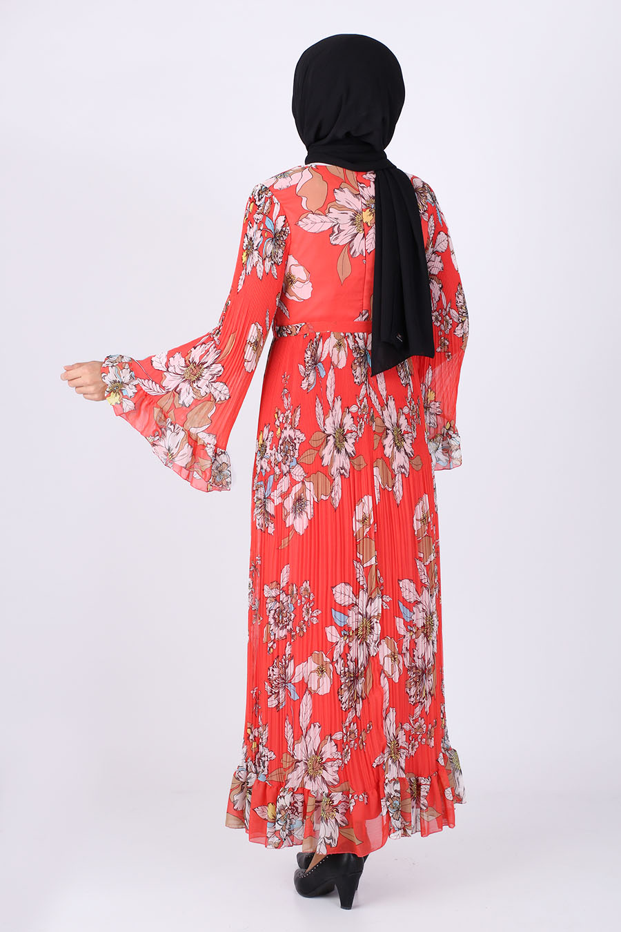FLOWER PATTERNED CORAL COLOR DRESS