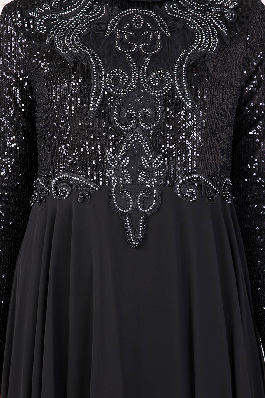 SEQUIN DETAILED BLACK EVENING DRESS
