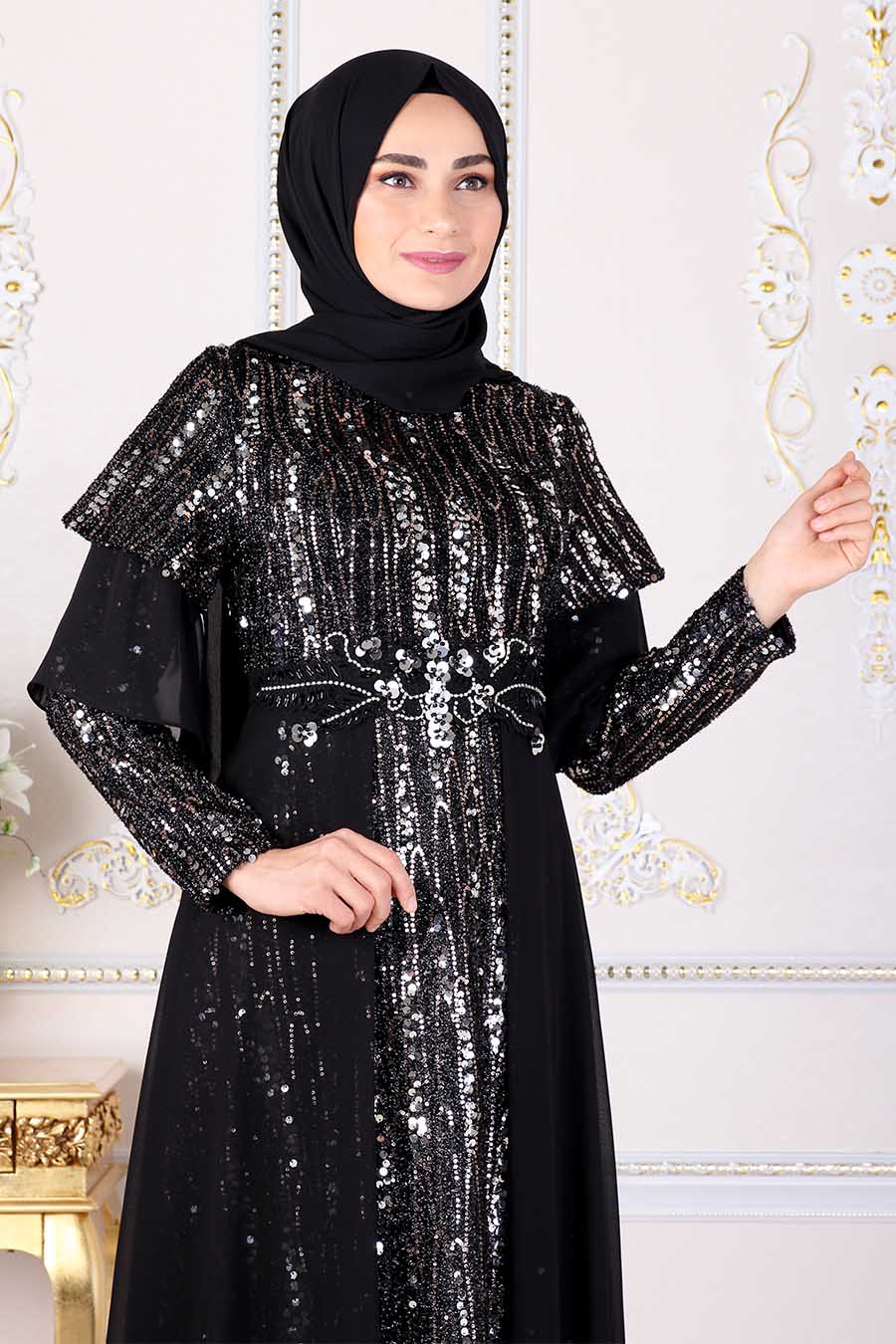 SEQUIN DETAILED GOLD EVENING DRESS