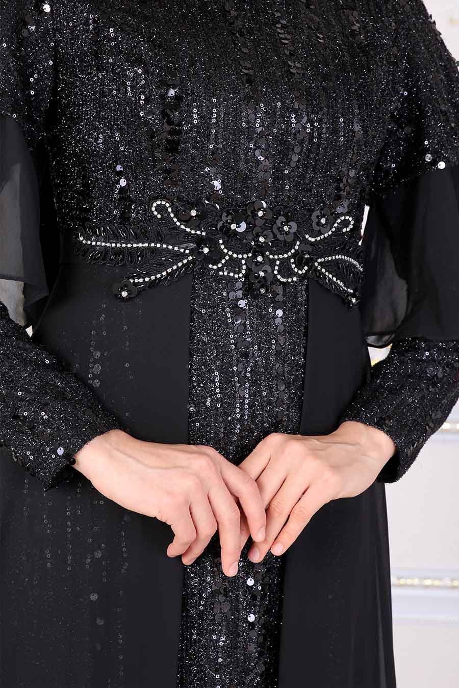 SEQUIN DETAILED BLACK EVENING DRESS