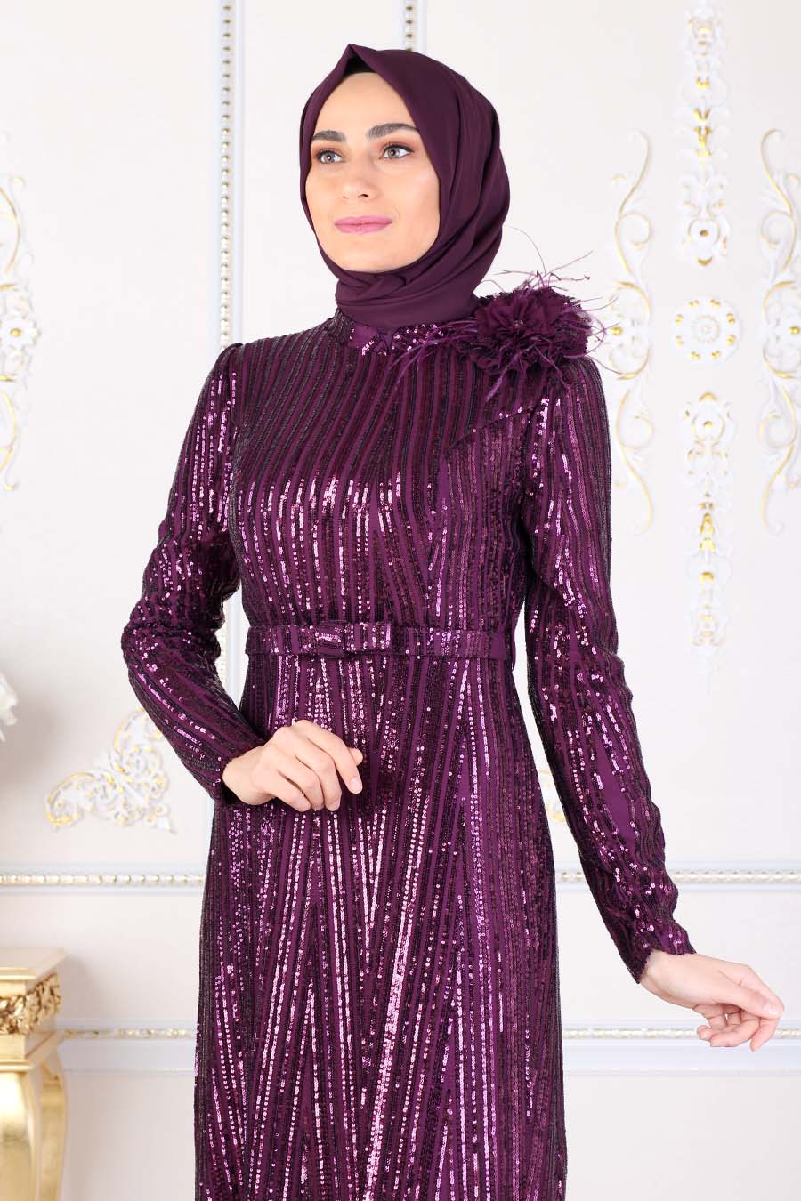 SEQUIN DETAILED PURPLE EVENING DRESS