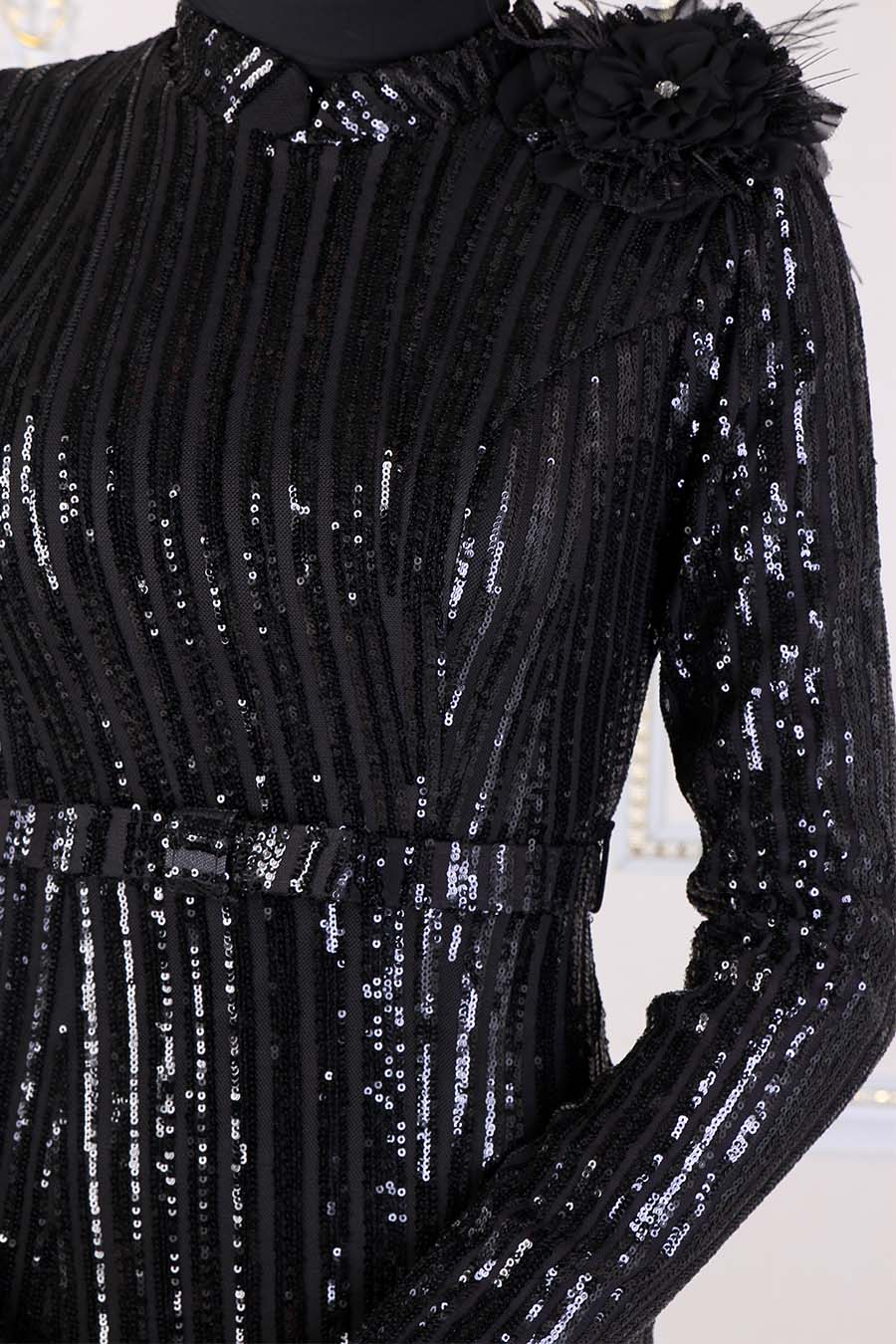 SEQUIN DETAILED BLACK EVENING DRESS