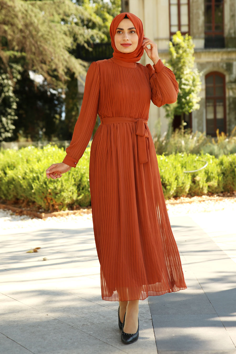 PLEATED BRICK COLOR DRESS 