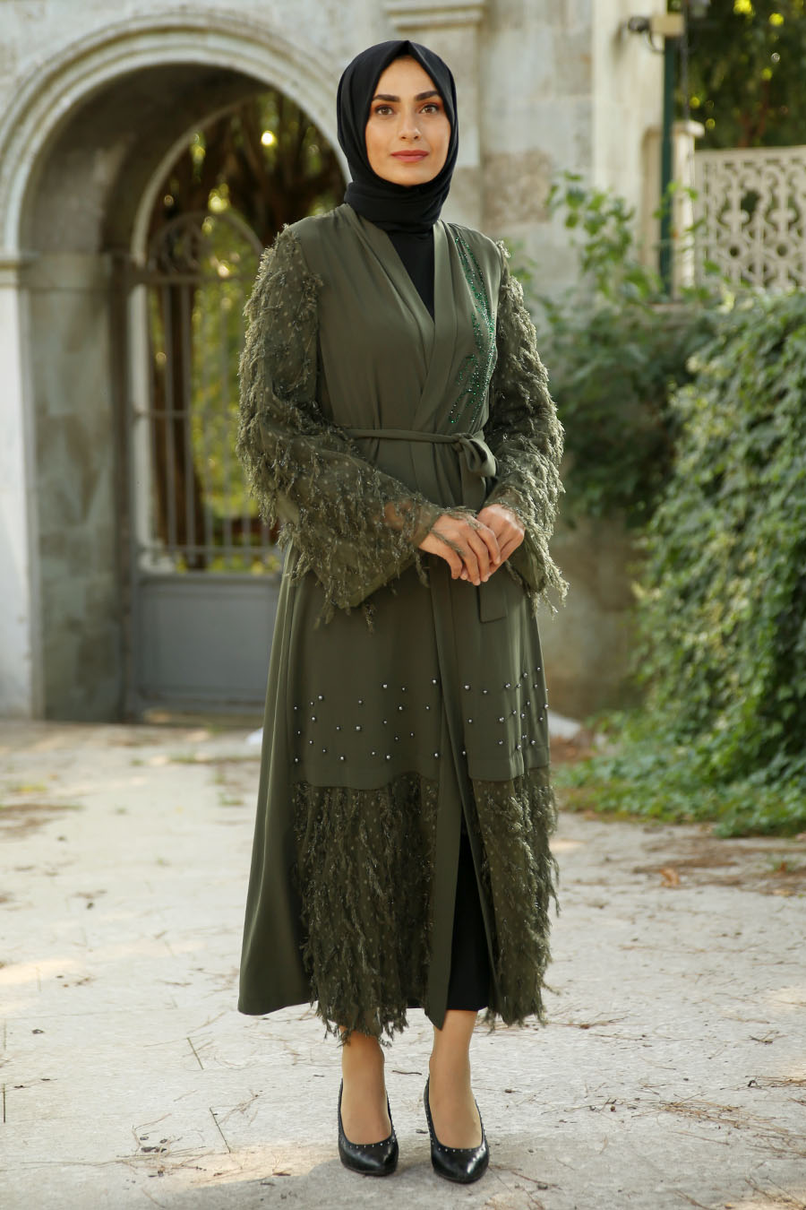 PEARL DETAILED KHAKI ABAYA