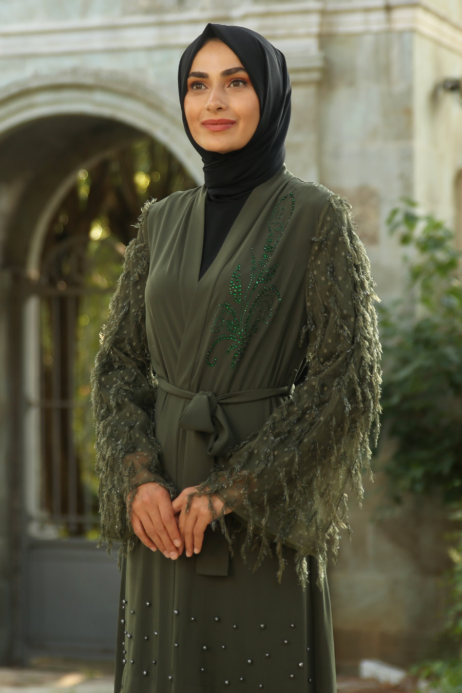 PEARL DETAILED KHAKI ABAYA