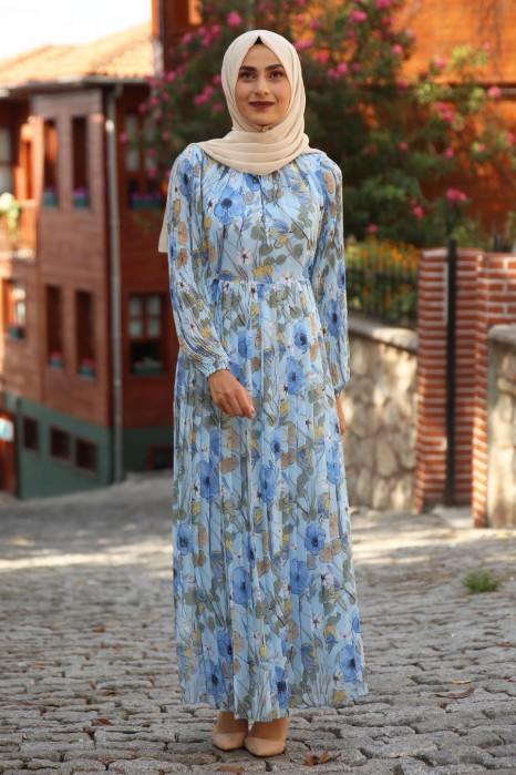 FLOWER PATTERNED BLUE DRESS