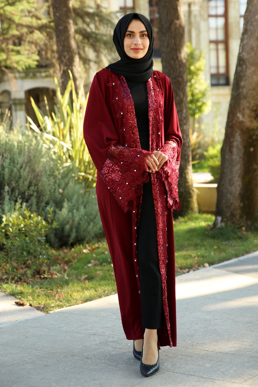 SEQUIN DETAILED CLARET RED ABAYA 