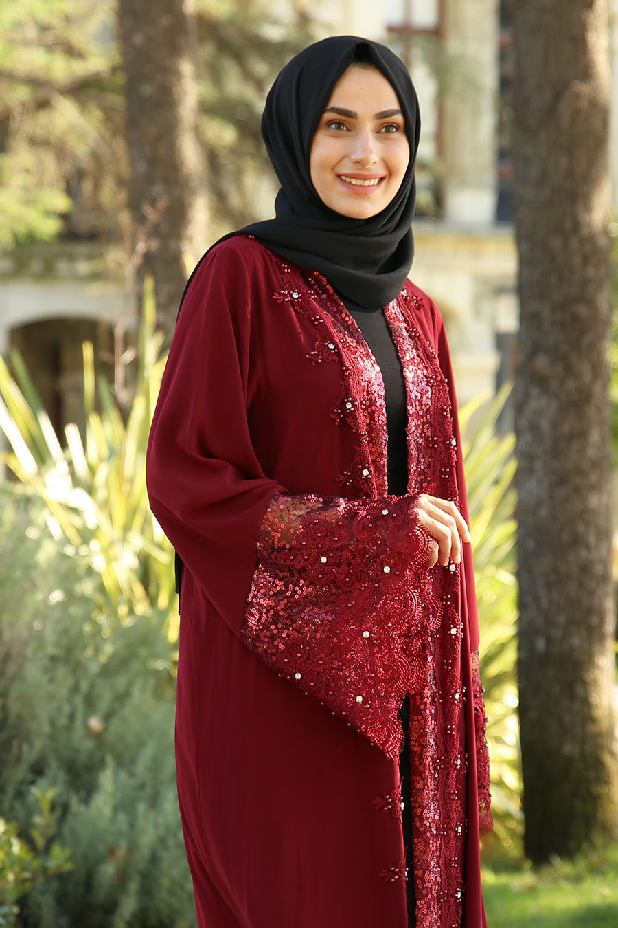 SEQUIN DETAILED CLARET RED ABAYA  SEQUIN DETAILED CLARET RED ABAYA