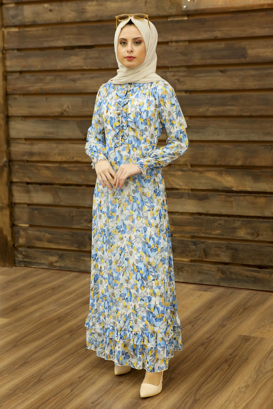 FLOWER PATTERNED BLUE DRESS