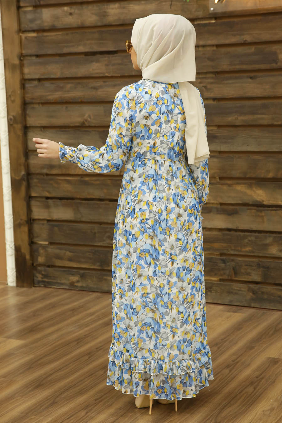 FLOWER PATTERNED BLUE DRESS