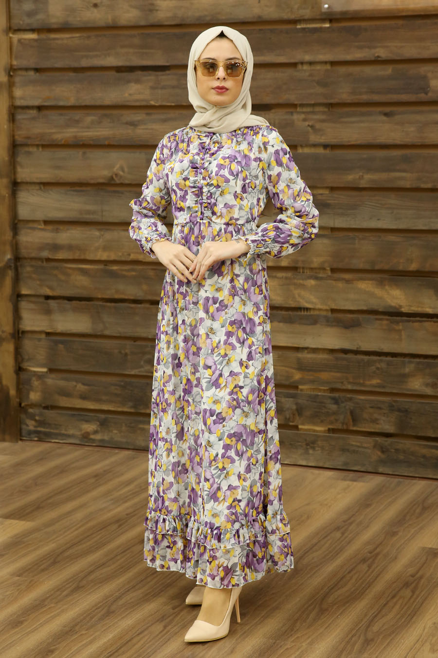 FLOWER PATTERNED PURPLE DRESS 