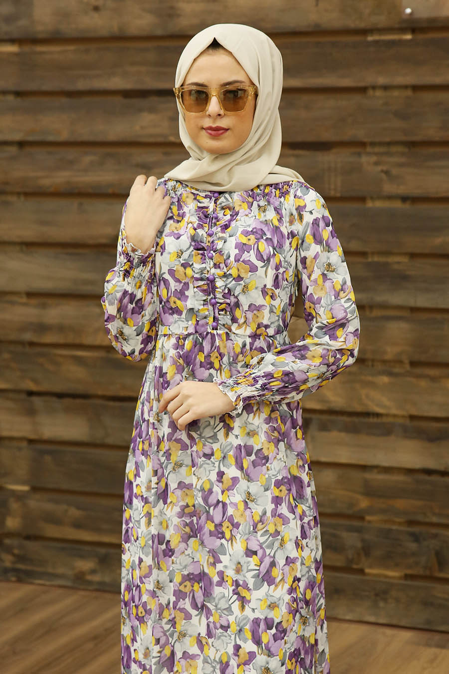 FLOWER PATTERNED PURPLE DRESS 