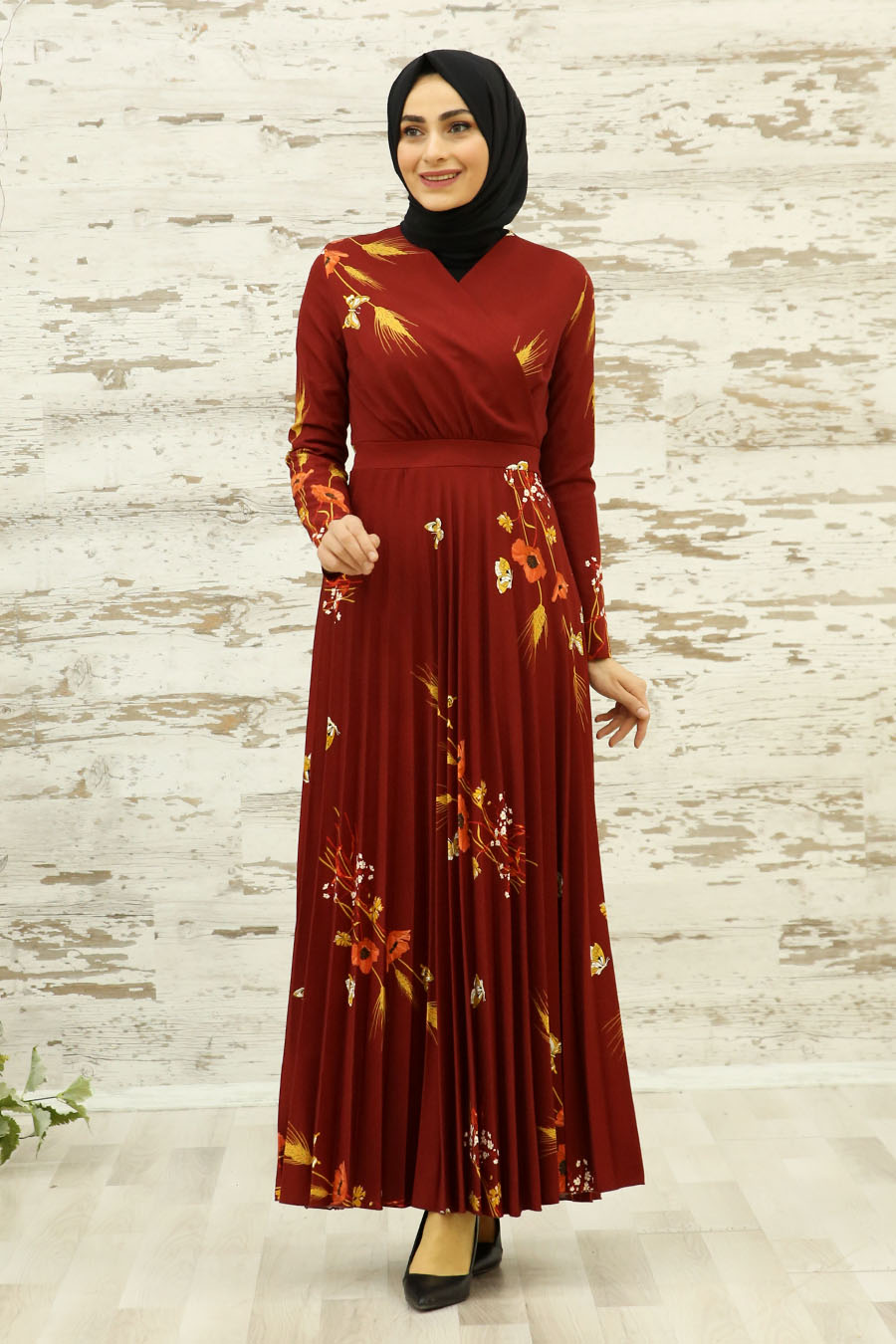 FLOWER PATTERNED CLARET RED DRESS 