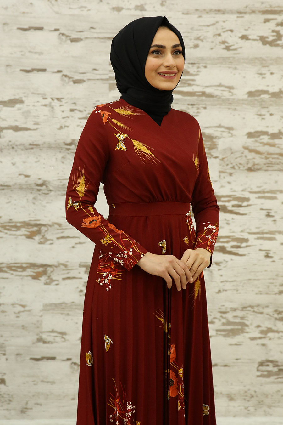 FLOWER PATTERNED CLARET RED DRESS 