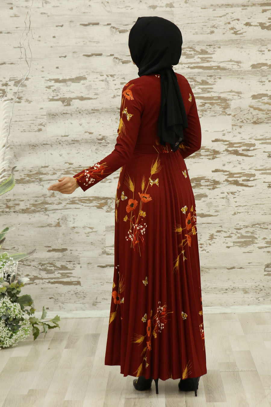 FLOWER PATTERNED CLARET RED DRESS 