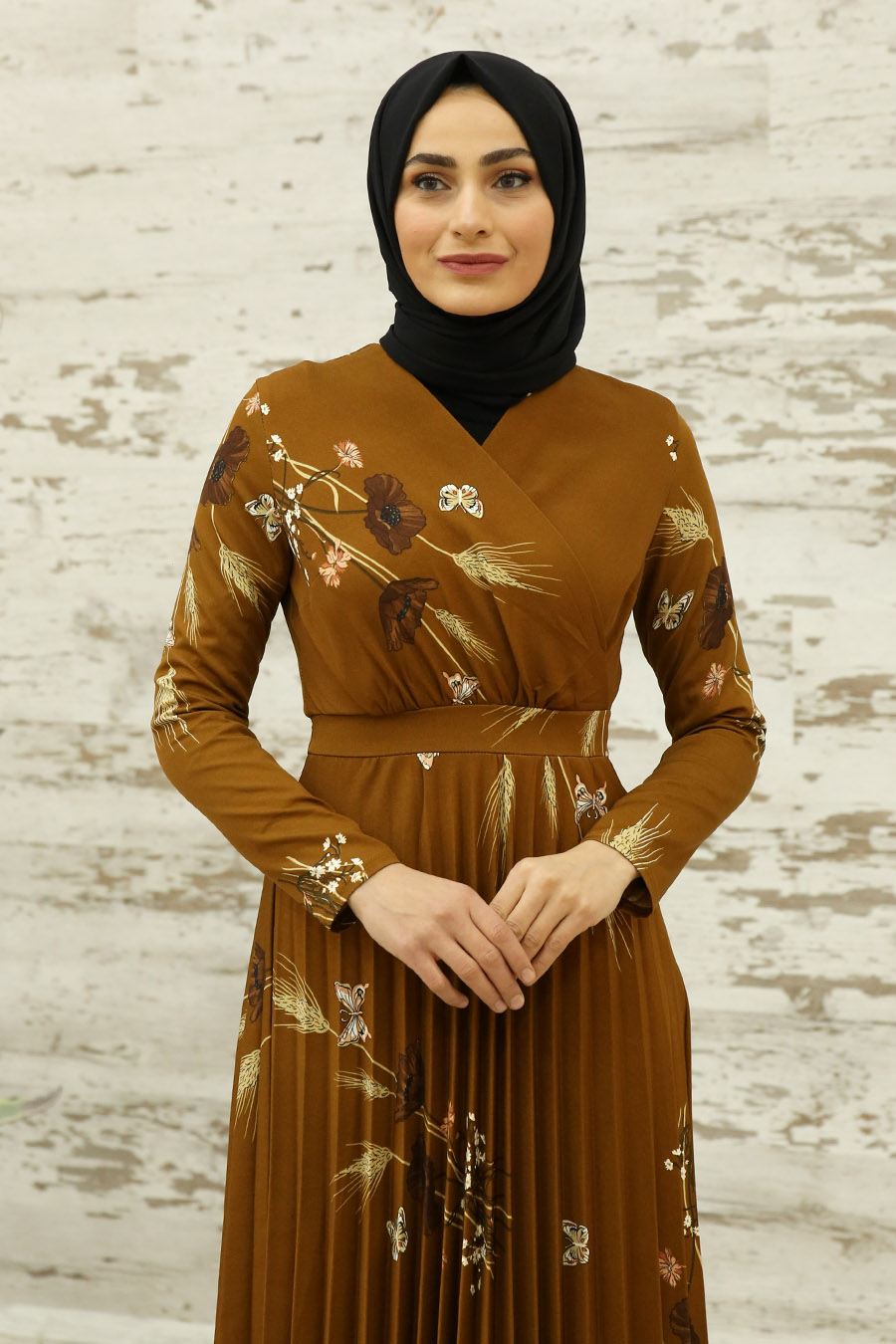 FLOWER PATTERNED TAN COLOR DRESS 