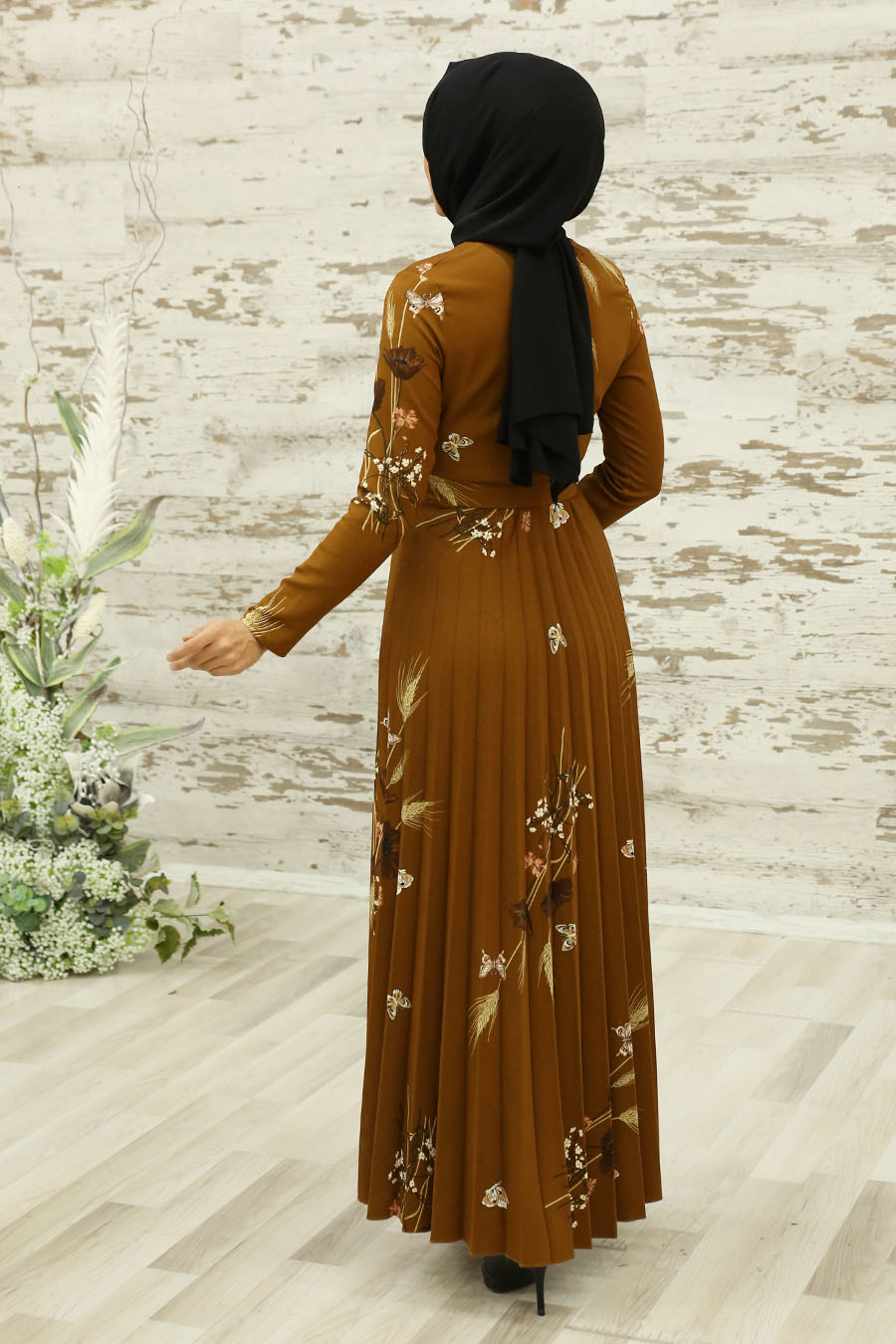FLOWER PATTERNED TAN COLOR DRESS 