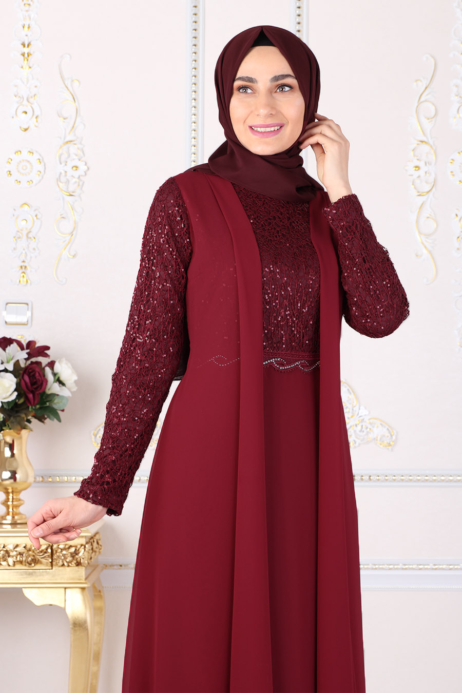 SEQUIN DETAILED CLARET RED EVENING DRESS