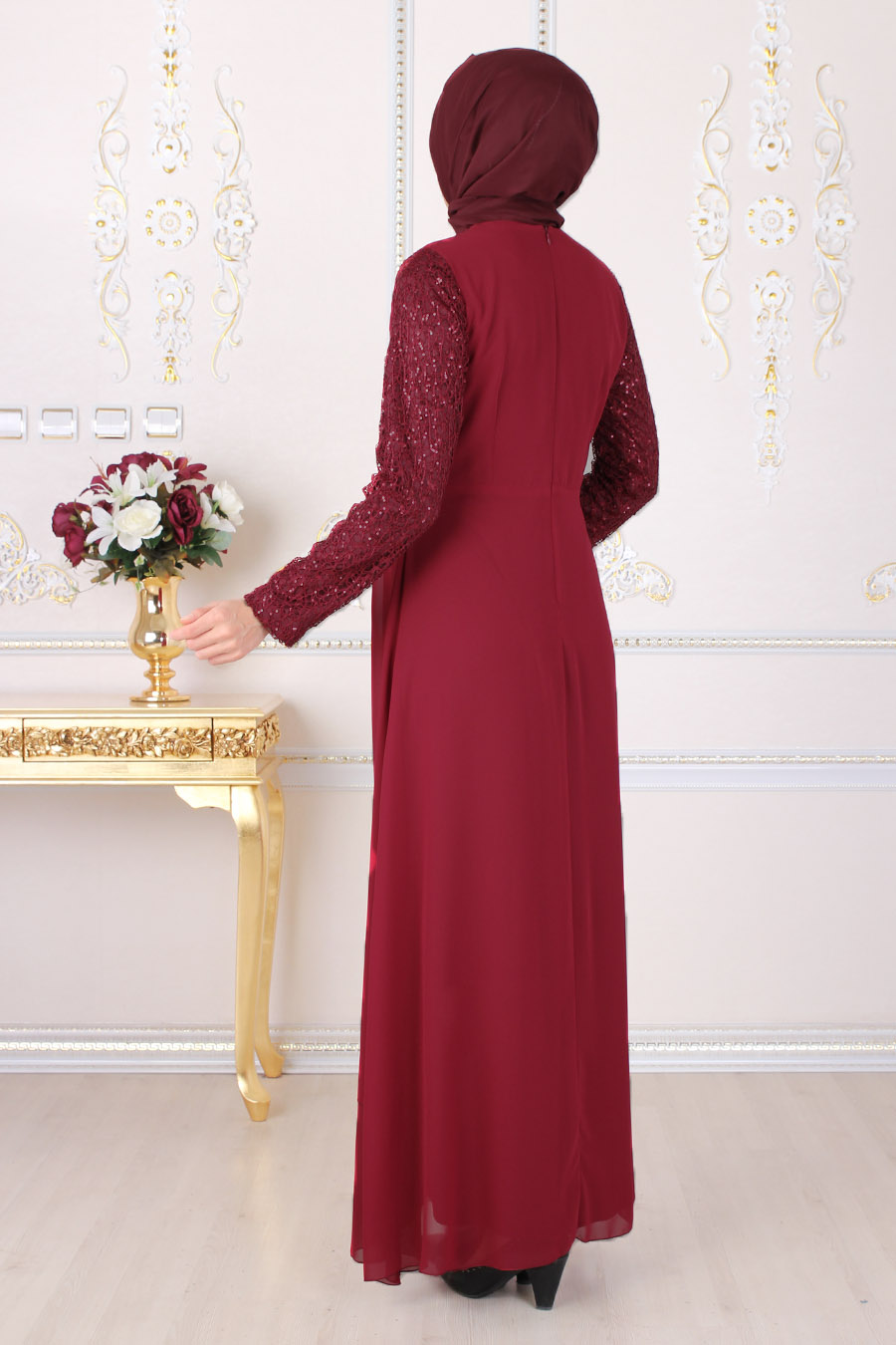 SEQUIN DETAILED CLARET RED EVENING DRESS