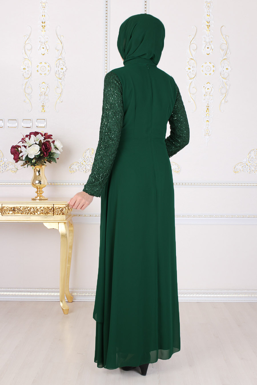 SEQUIN DETAILED GREEN EVENING DRESS