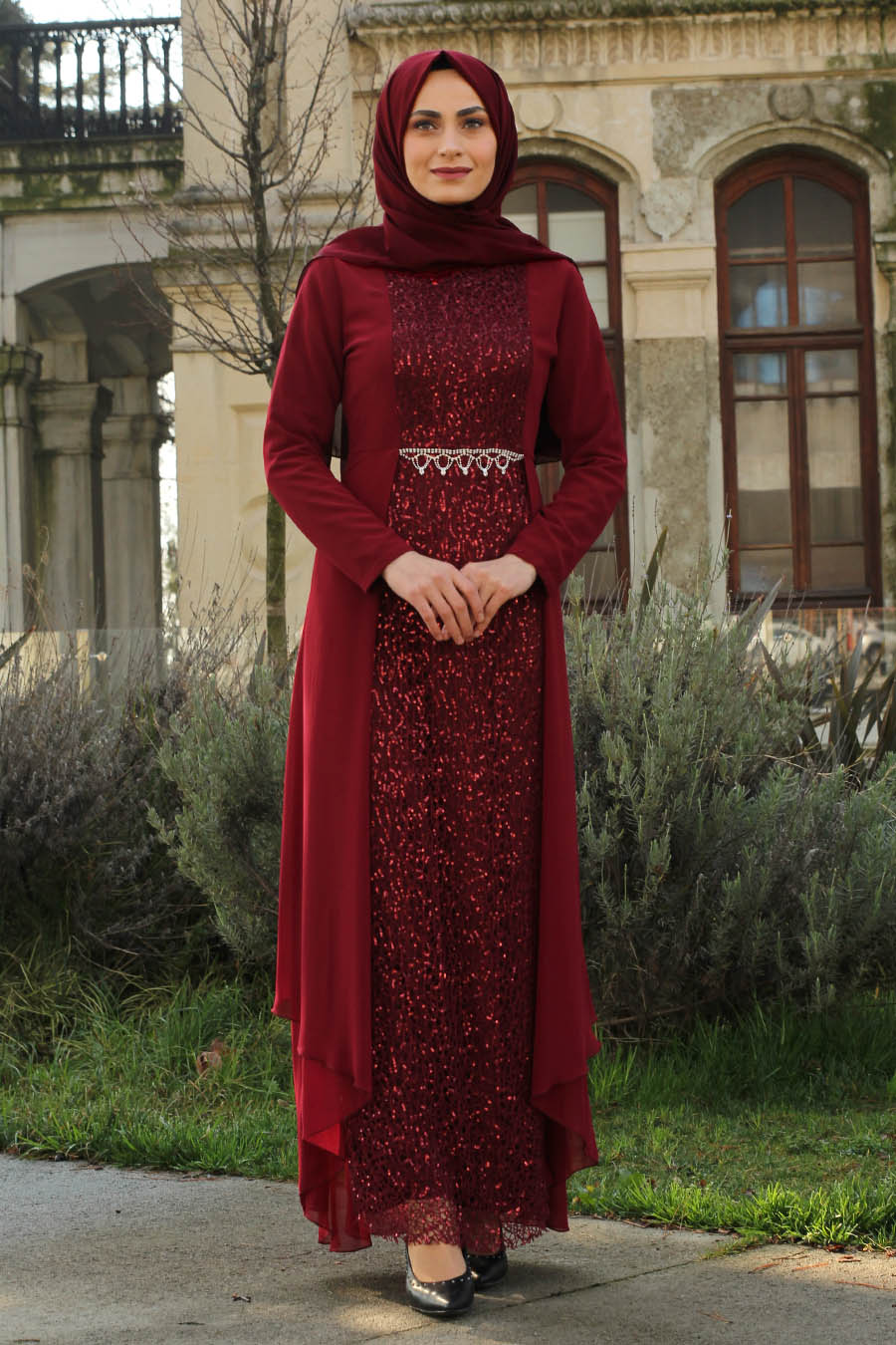 SEQUIN DETAILED CLARET RED EVENING DRESS 
