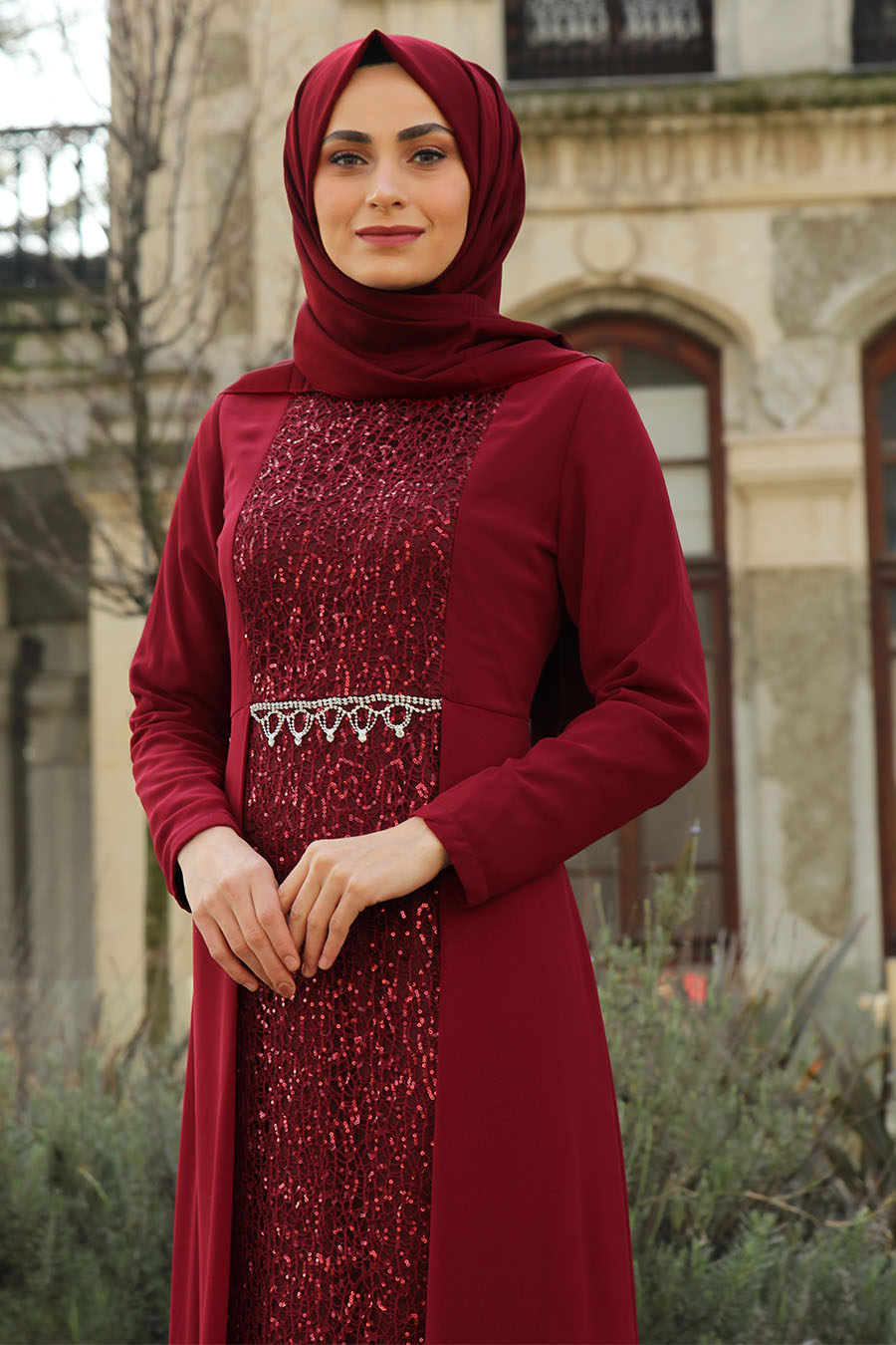 SEQUIN DETAILED CLARET RED EVENING DRESS 