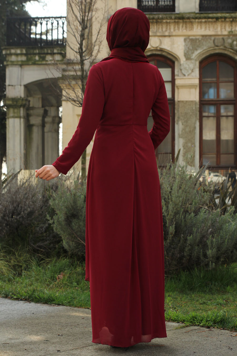 SEQUIN DETAILED CLARET RED EVENING DRESS 