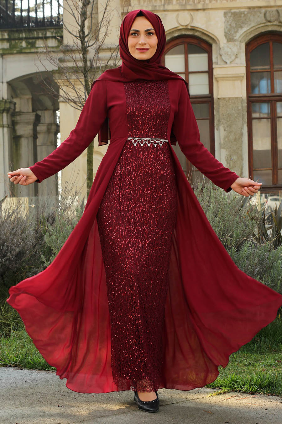SEQUIN DETAILED CLARET RED EVENING DRESS 