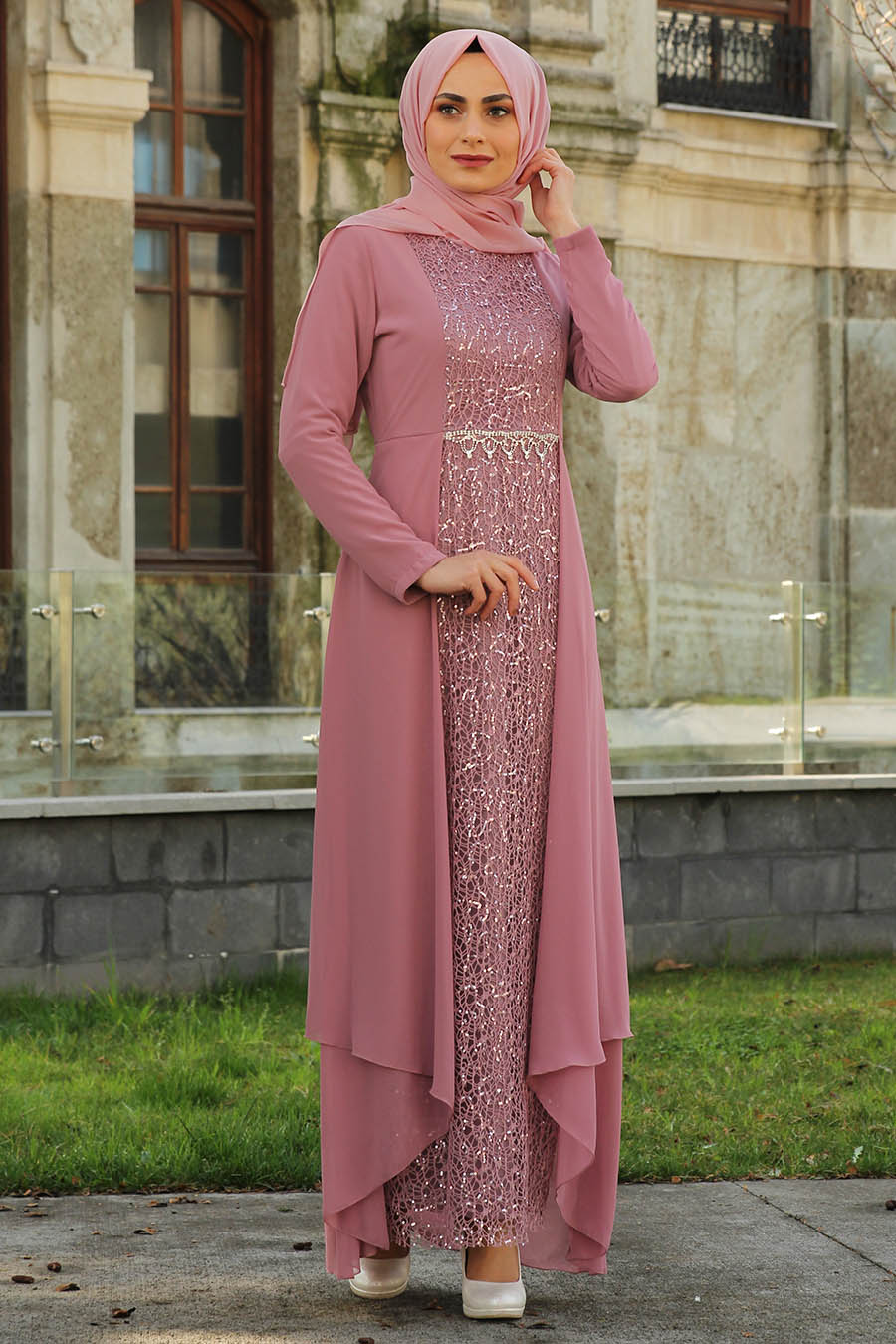 SEQUIN DETAILED ROSE COLOR EVENING DRESS