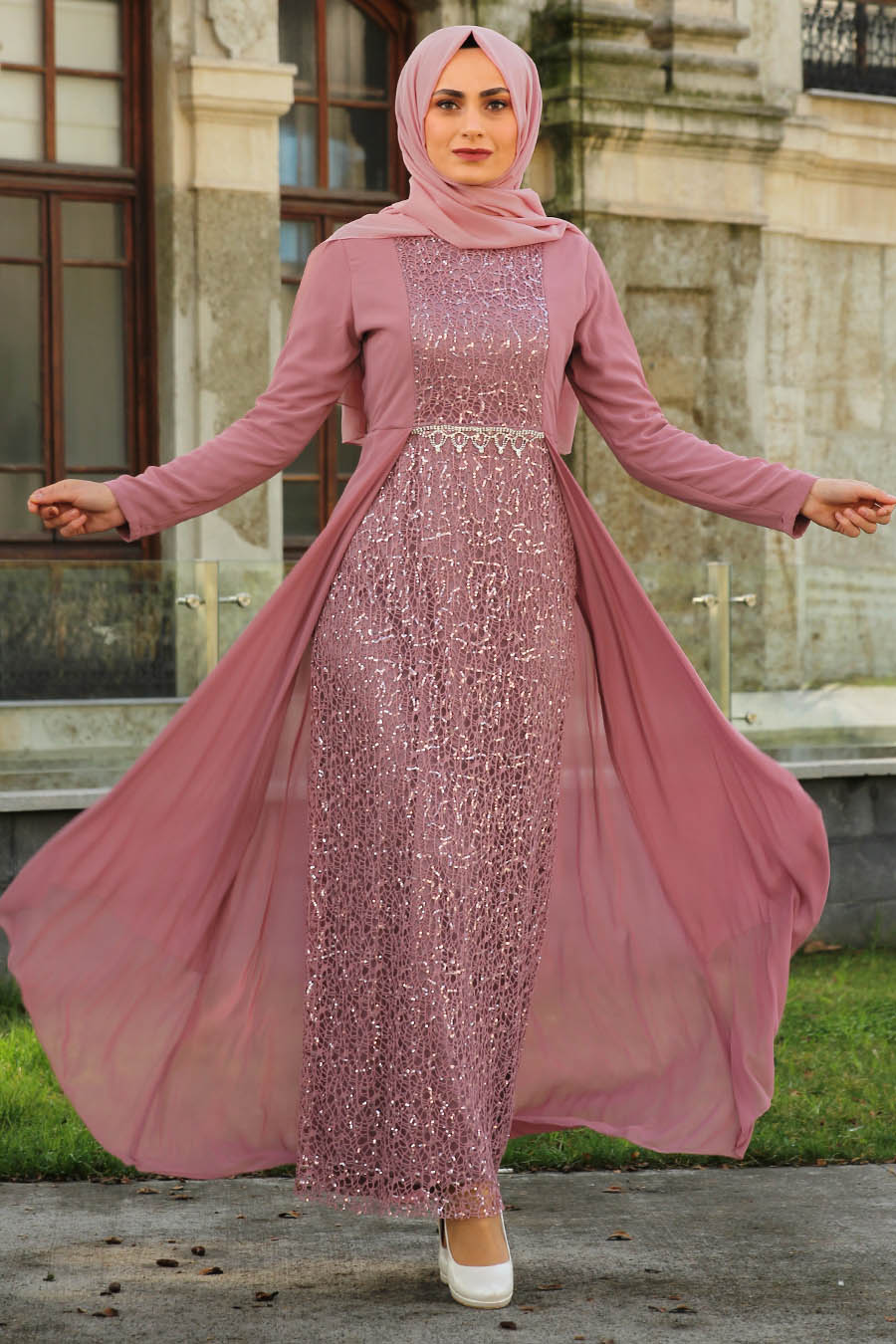 SEQUIN DETAILED ROSE COLOR EVENING DRESS
