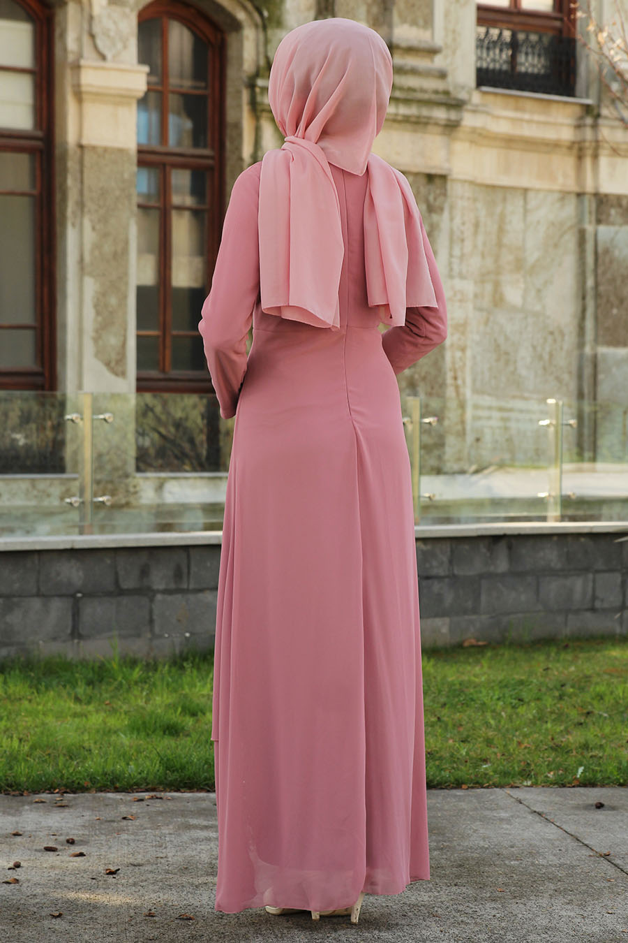 SEQUIN DETAILED ROSE COLOR EVENING DRESS