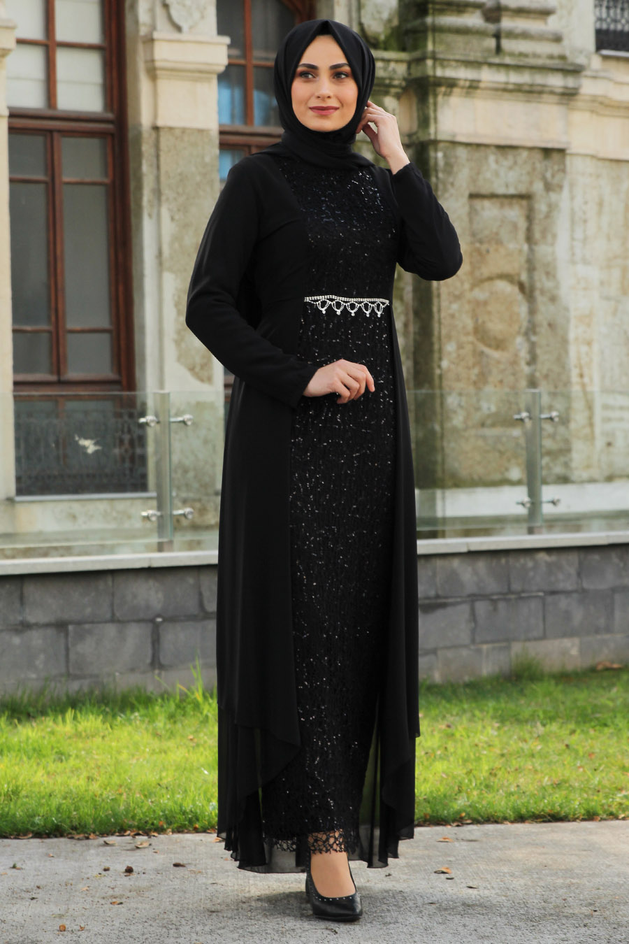 SEQUIN DETAILED BLACK EVENING DRESS